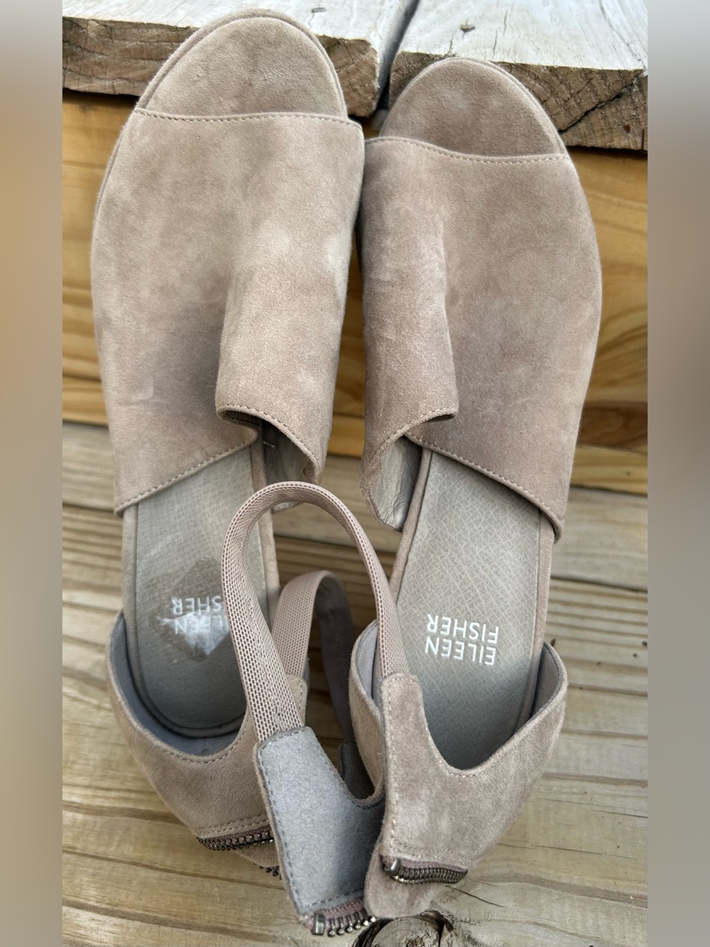 Eileen Fisher Suede Open Toe Block Heel Sandals Taupe 8.5
